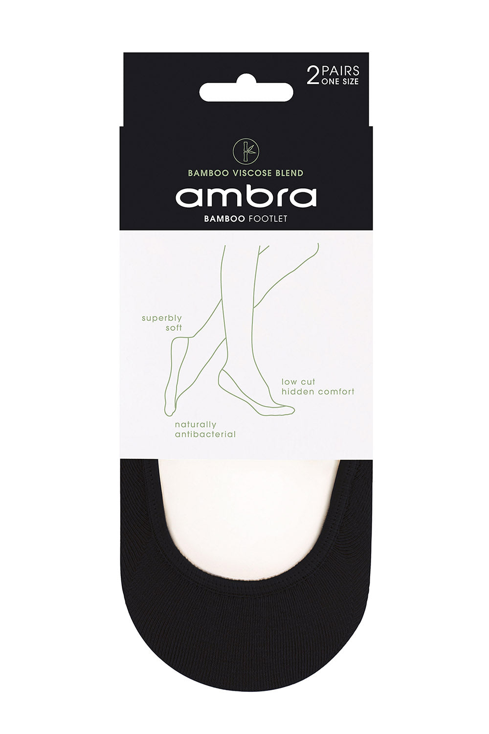 Product shot of the Bamboo Blend Footlet Sock 2 Pack in colour Black (Black), from the front