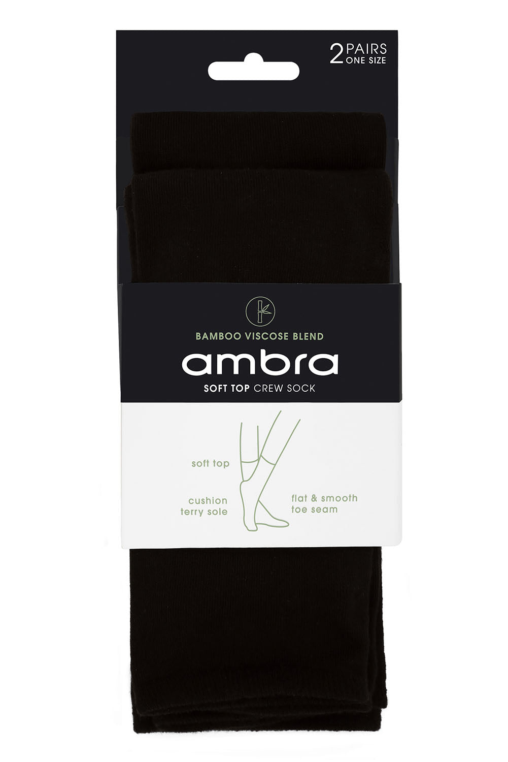 Product shot of the Bamboo Blend Soft Top Crew Socks 2 Pack in colour Black (Black), detail