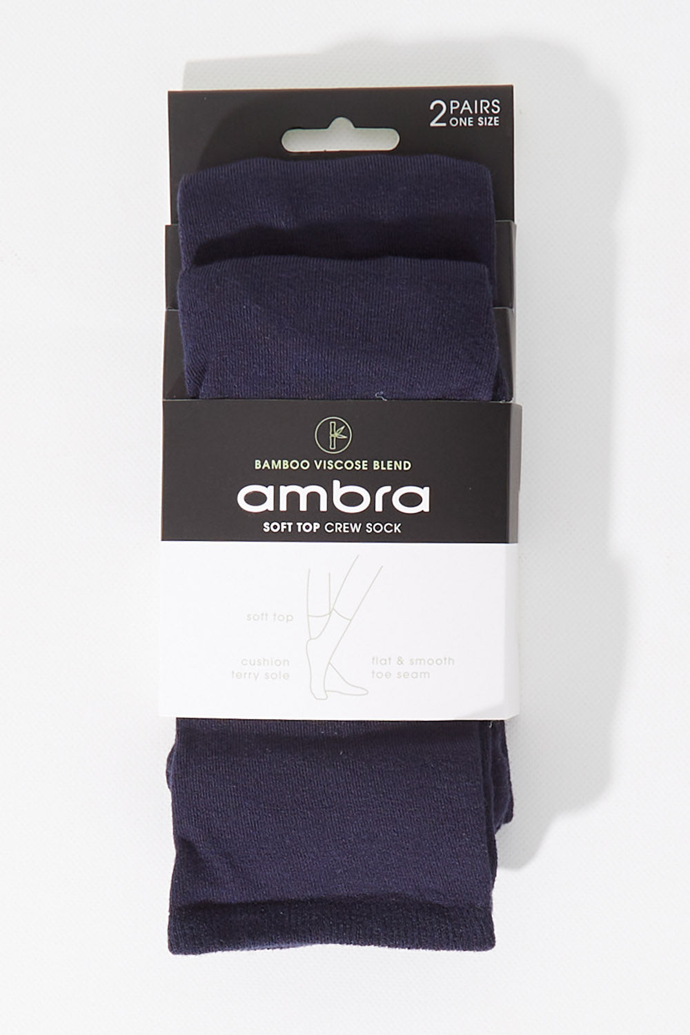 A model wearing size OneSize of the Bamboo Blend Soft Top Crew Socks 2 Pack in colour Navy (Blue), from the front, showing the whole outfit