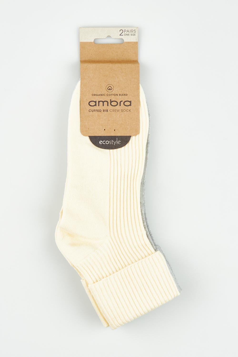 A model wearing the Organic Cotton Cuffed Rib Crew Sock 2 Pack in colour Meringrey, from the front, showing the whole outfit
