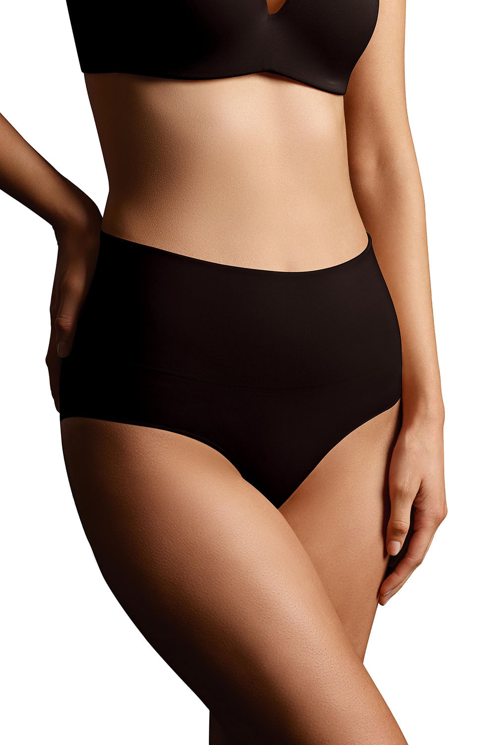A model wearing the Seamless Smoothies Full Brief 2 Pack in colour Black (Black), from the front, cropped image