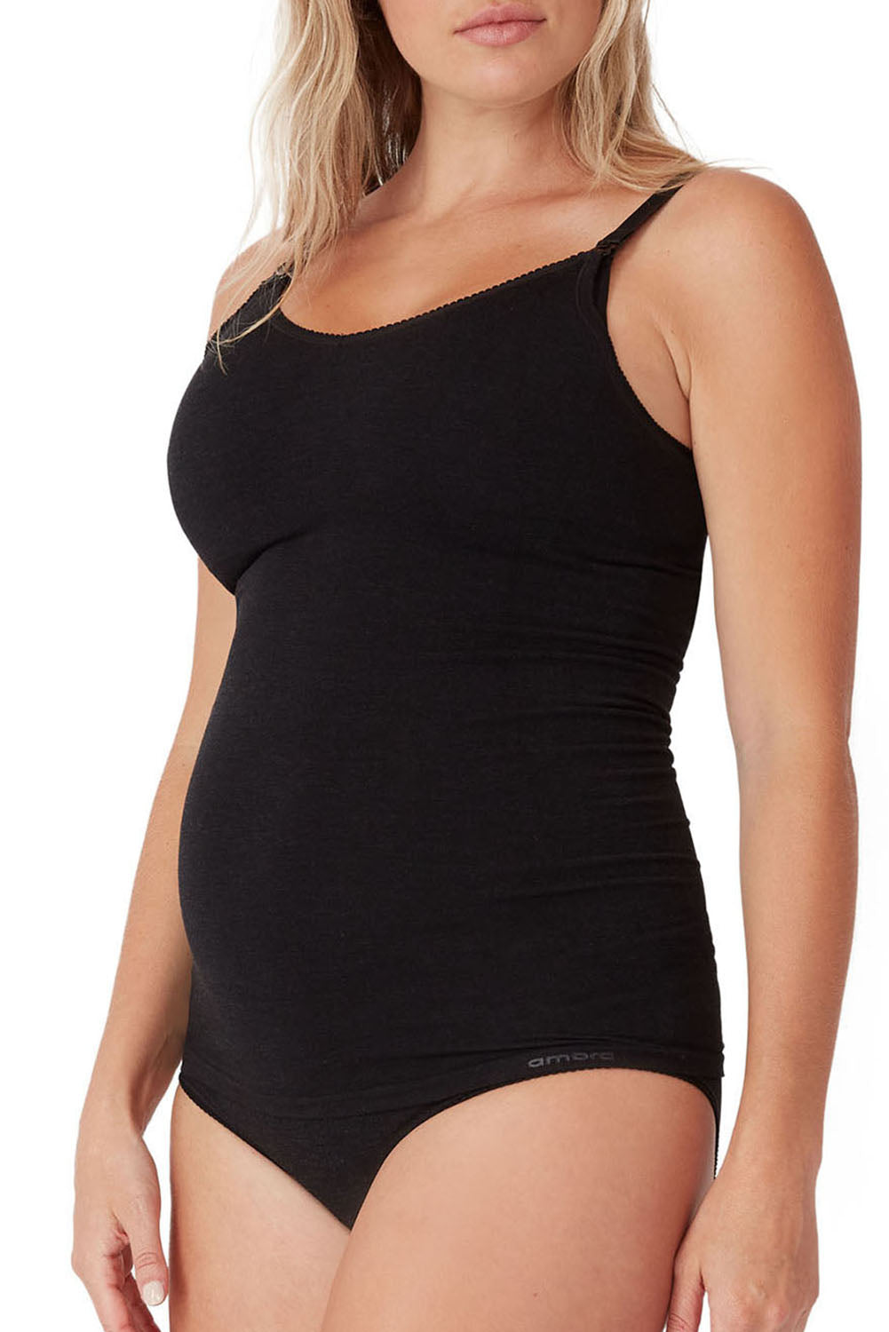 A model wearing the Bamboo Feeding Cami in colour Charmarle (Grey), from the front, cropped image