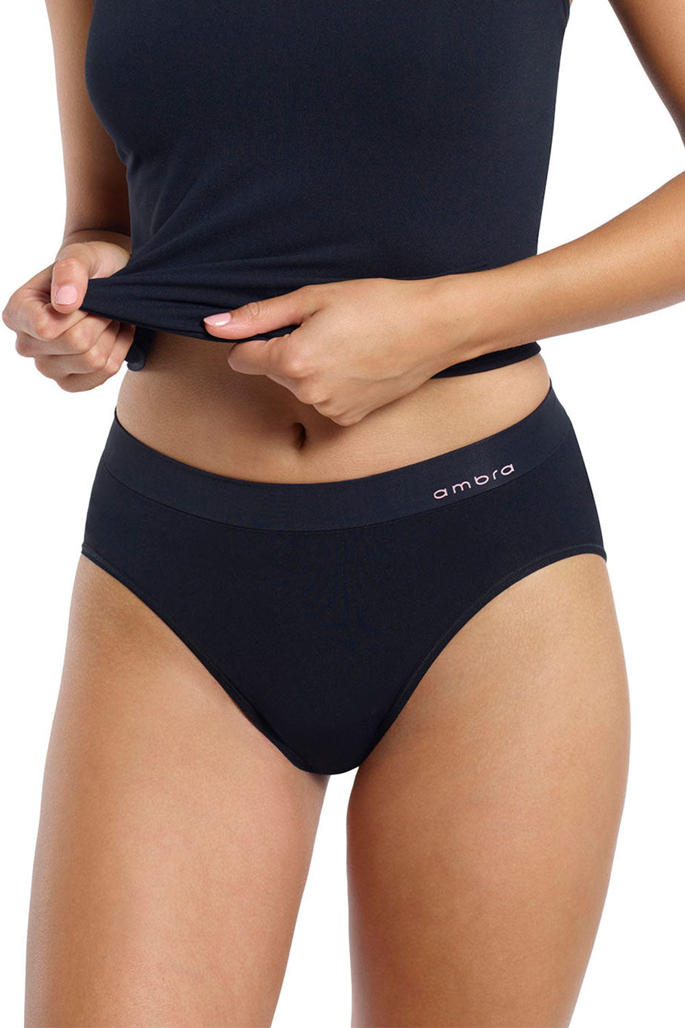 A model wearing the Bondi Bare Hi Cut Brief in colour Black (Black), from the front, cropped image