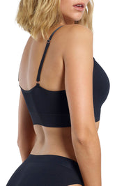 A model wearing the Bondi Bare Longline Wirefree Bra in colour Black (Black), from the back