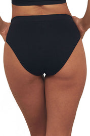 A model wearing the Bare Essentials Hi Cut Brief in colour Black (Black), from the back