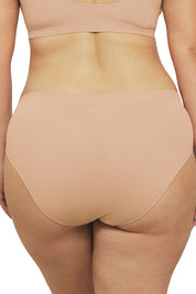 A model wearing the Bare Essentials Hi Cut Brief in colour Rosebeige, from the back