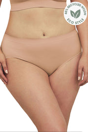A model wearing the Bare Essentials Midi Brief in colour Rosebeige, from the front, cropped image