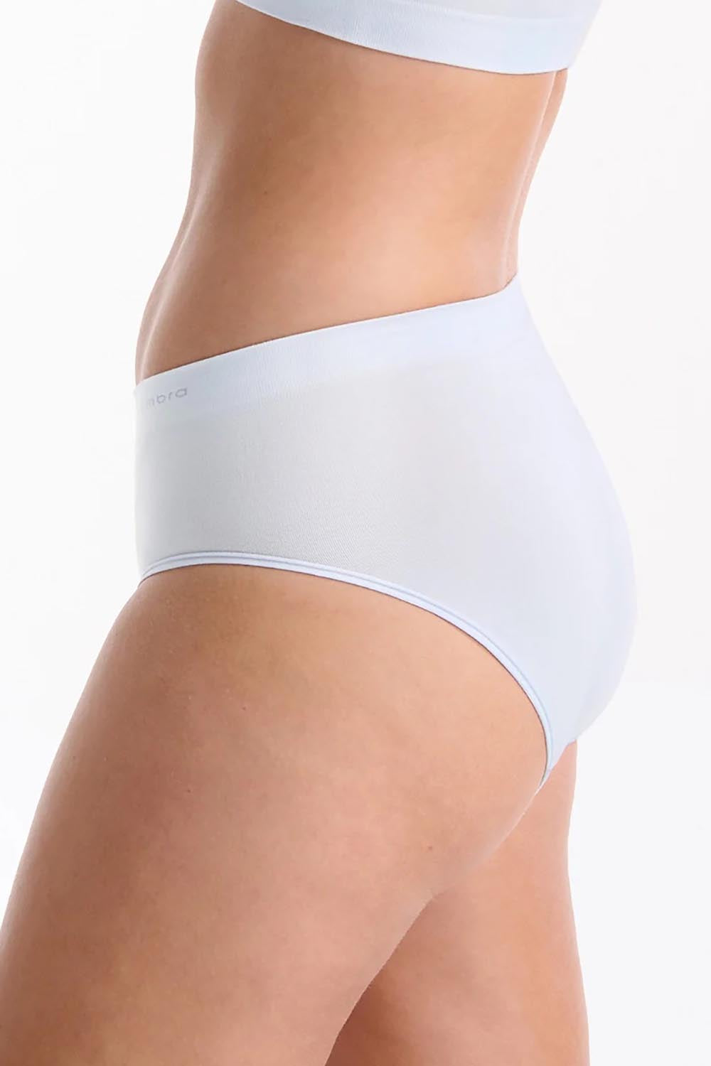 A model wearing the Pure Basics Modal Midi Briefs 2 Pack in colour Aurablue (Blue)