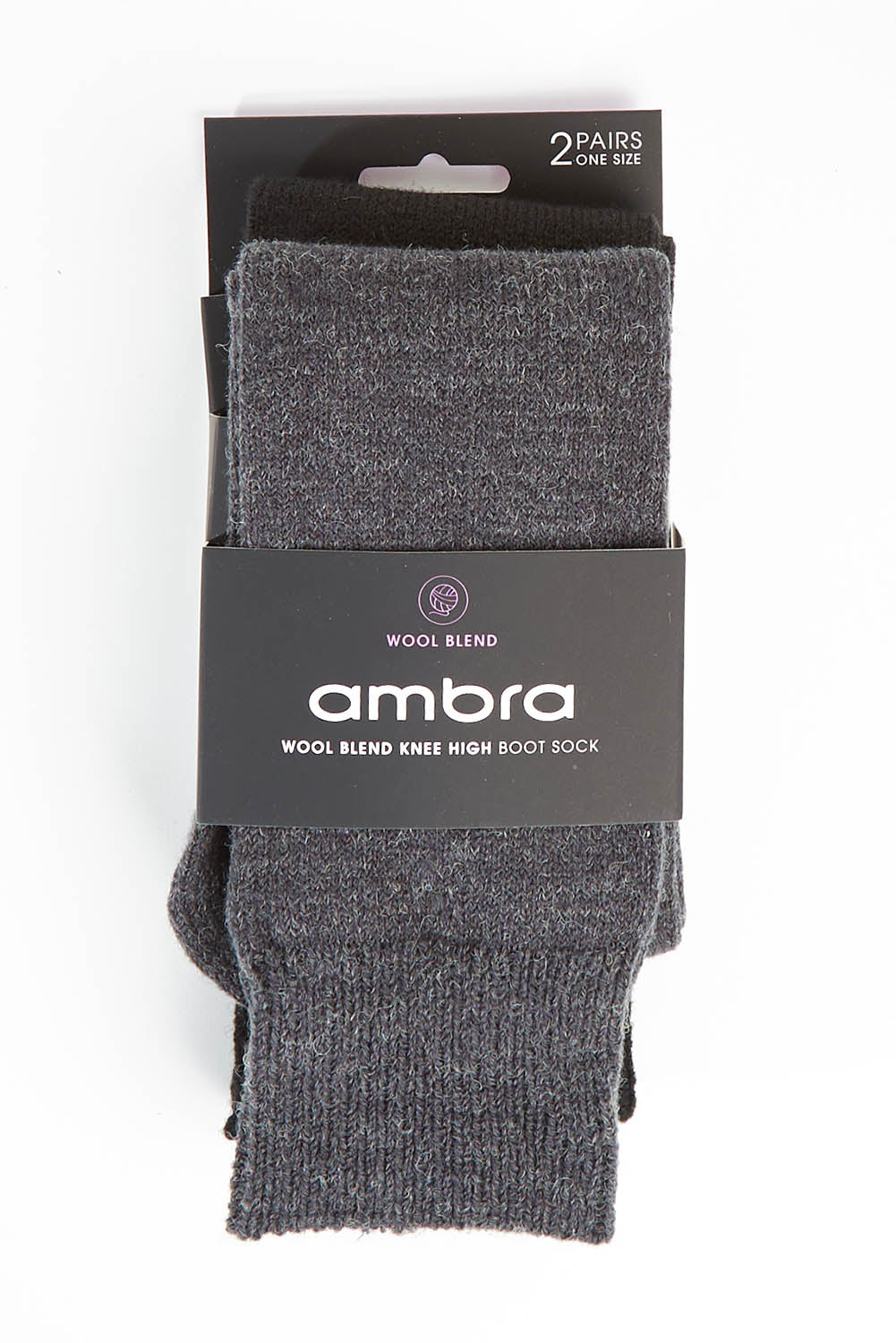 A model wearing size OneSize of the Wool Blend Knee High Boot Sock 2P in colour Charcoalbk (Black), from the front, showing the whole outfit