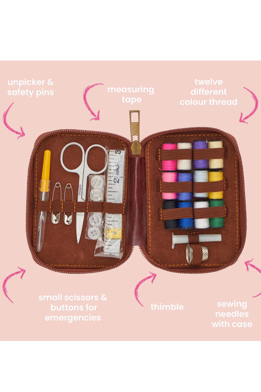 Product shot of the Travel Sewing Kit in colour Cognac, detail