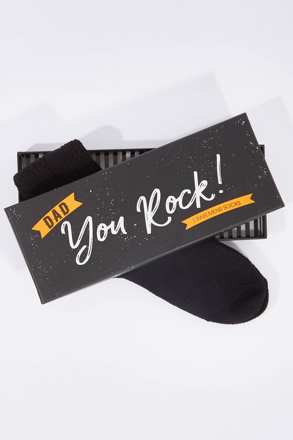A model wearing size OneSize of the Mens Boxed Plush Socks in colour YouRock (Black), from the front, showing the whole outfit