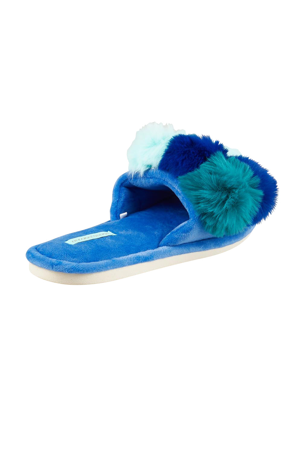 Product shot of the Pom Pom Slipper in colour Bluemulti (Blue), from the back