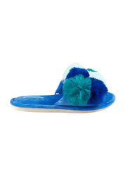 Product shot of the Pom Pom Slipper in colour Bluemulti (Blue), from the front