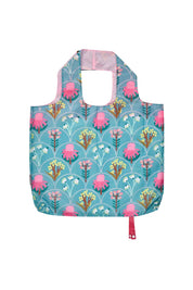 Product shot of the Eco Friendly Shopping Foldable Tote in colour Wildflower (Blue), from the front