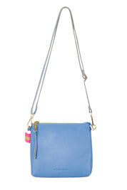 Product shot of the Alexis Leather Crossbody in colour Cornflower (Blue), from the front