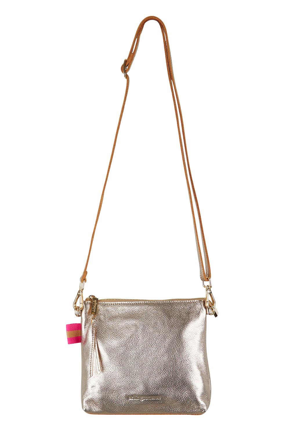 Product shot of the Alexis Leather Crossbody in colour Gold (Metallics), from the front
