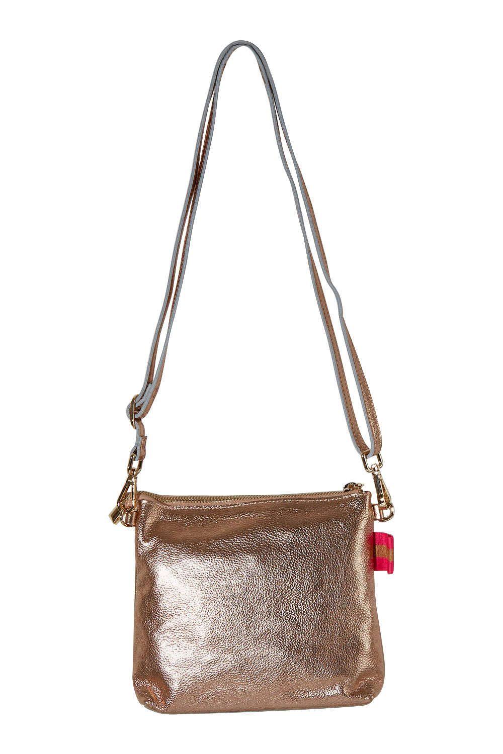 Product shot of the Alexis Leather Crossbody in colour Rosegold (Metallics), from the back