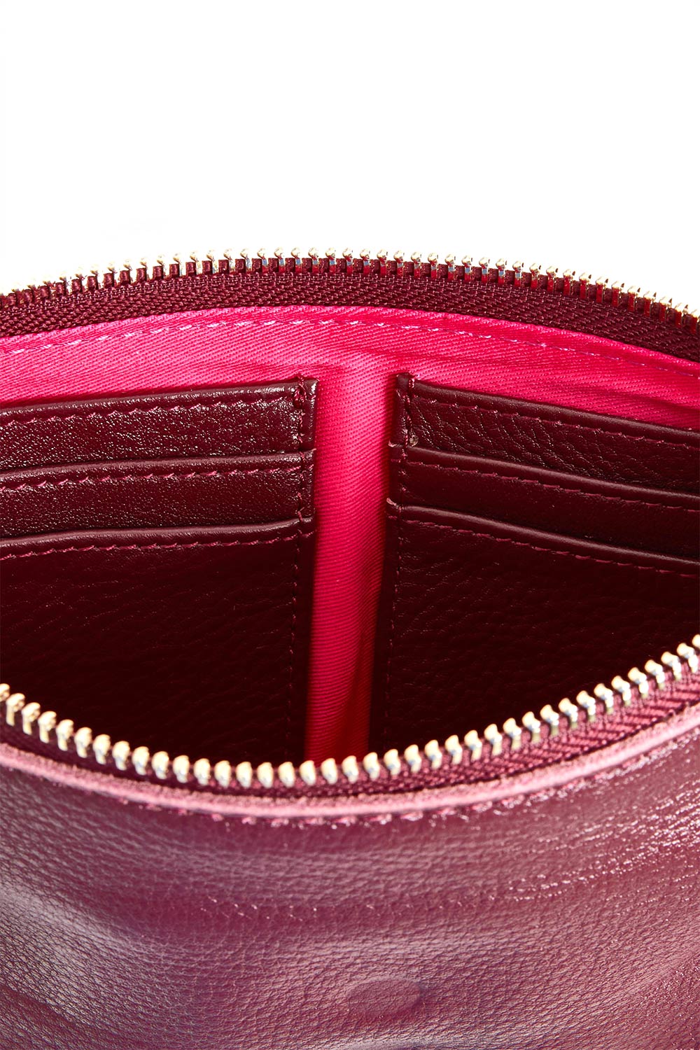 Product shot of the Paige Leather Wallet in colour Burgandy (Red), detail
