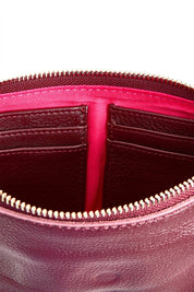 Product shot of the Paige Leather Wallet in colour Burgandy (Red), detail