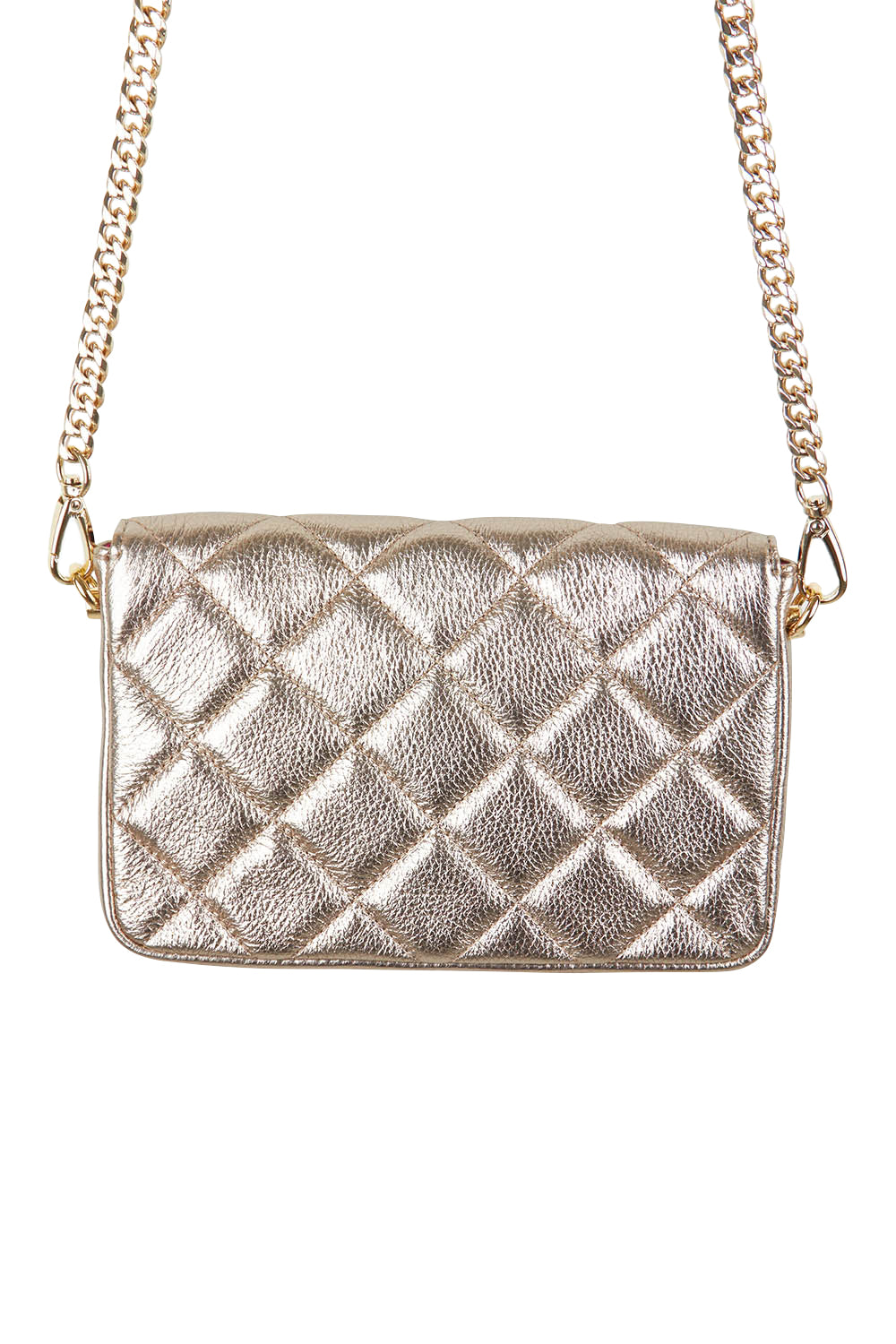 Product shot of the Sarah Leather Quilted Crossbody in colour Gold (Metallics), from the back