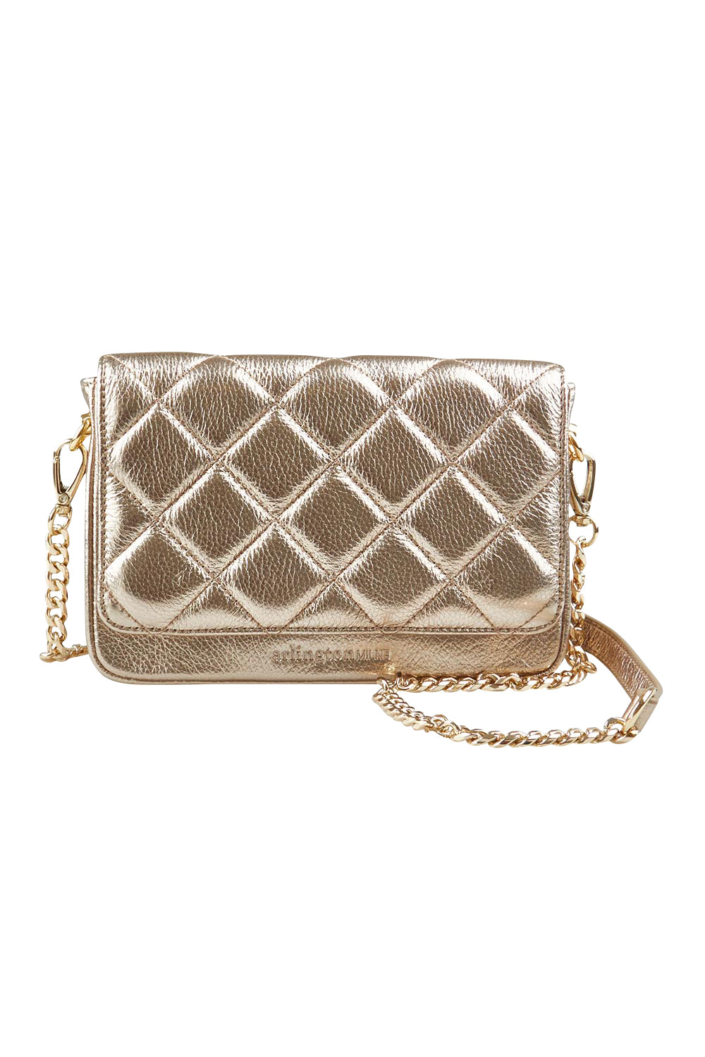 Product shot of the Sarah Leather Quilted Crossbody in colour Gold (Metallics), from the front