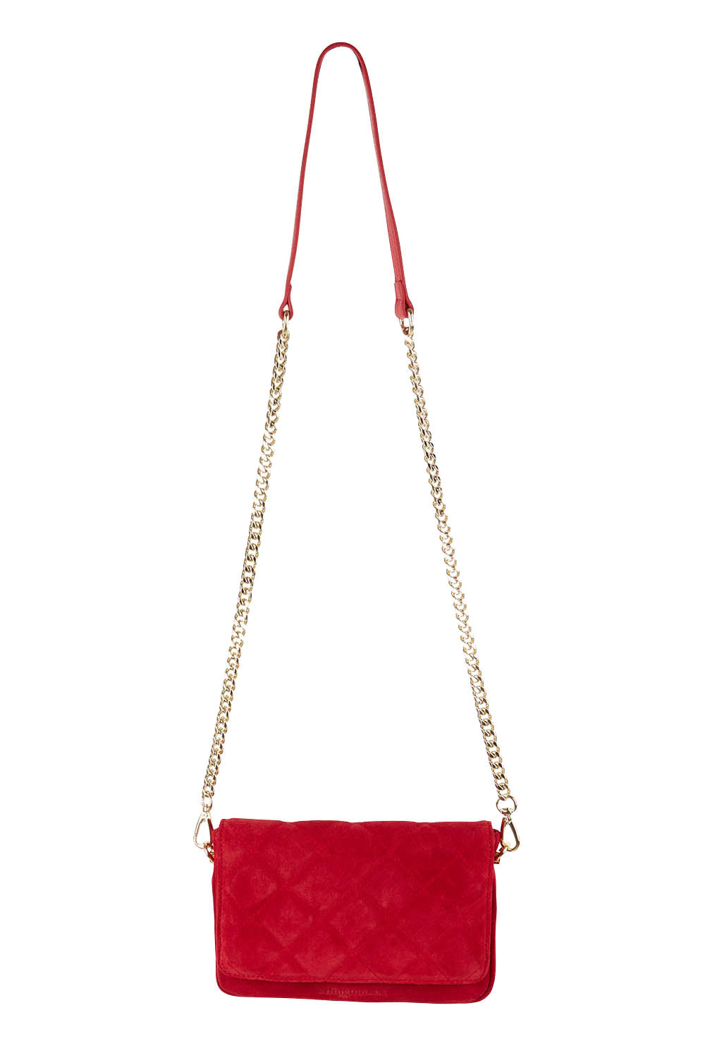 Product shot of the Sarah Leather Quilted Crossbody in colour Redsuede (Red), detail