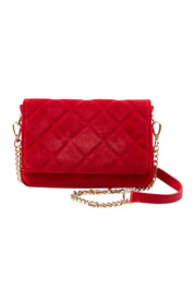 Product shot of the Sarah Leather Quilted Crossbody in colour Redsuede (Red), from the front