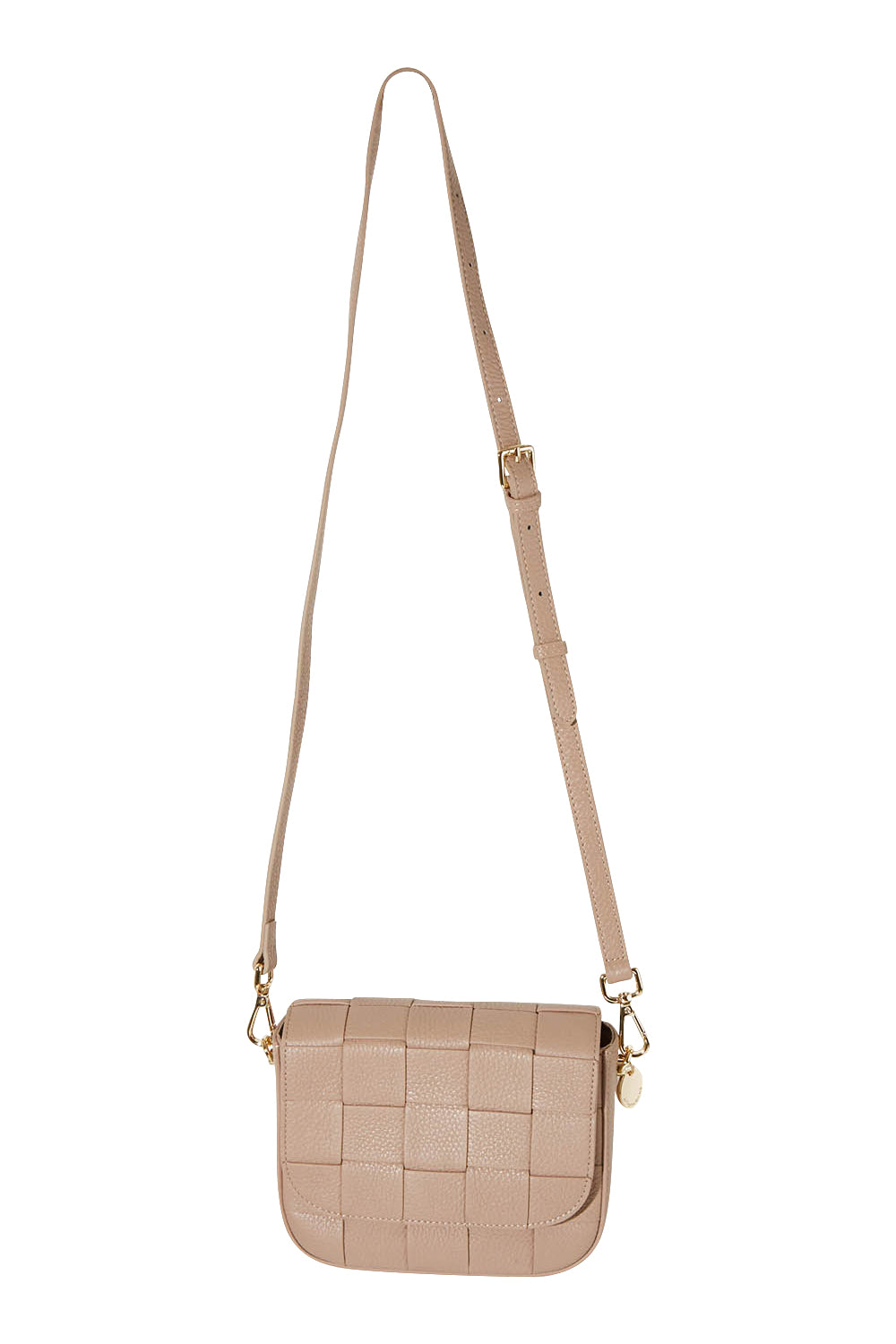 Product shot of the Clara Weave Leather Crossbody in colour Fawn, from the front