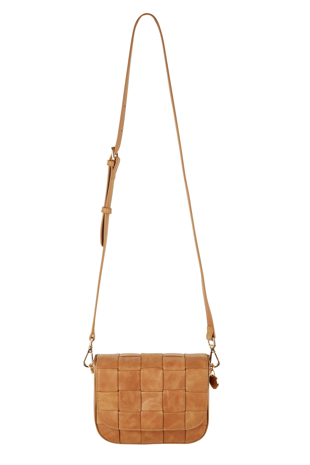 Product shot of the Clara Weave Leather Crossbody in colour Vinagetan, from the front