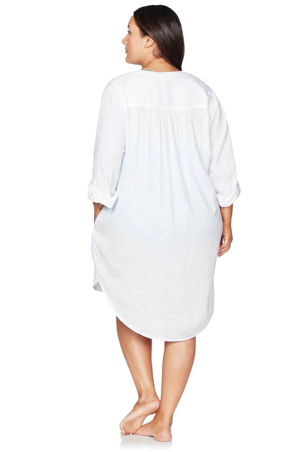 A model wearing the Gershwin Overshirt Cover Up in colour White (White), from the back