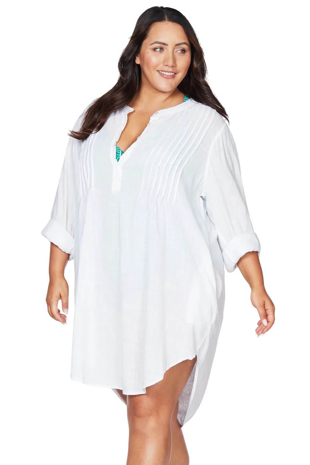 A model wearing the Gershwin Overshirt Cover Up in colour White (White), from the front, cropped image