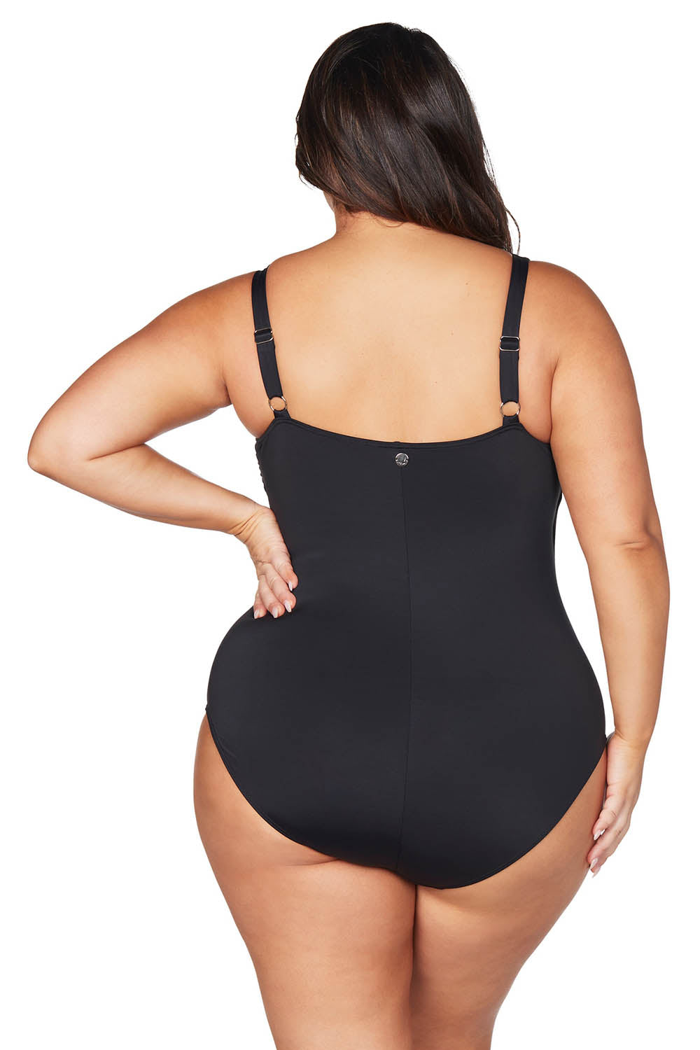 A model wearing the Hayes Underwire One Piece in colour Black (Black), from the back