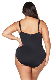 A model wearing the Hayes Underwire One Piece in colour Black (Black), from the back