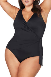 A model wearing the Hayes Underwire One Piece in colour Black (Black), from the front, cropped image