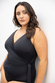 A model wearing the Hayes Underwire One Piece in colour Black (Black), from the front, showing the whole outfit