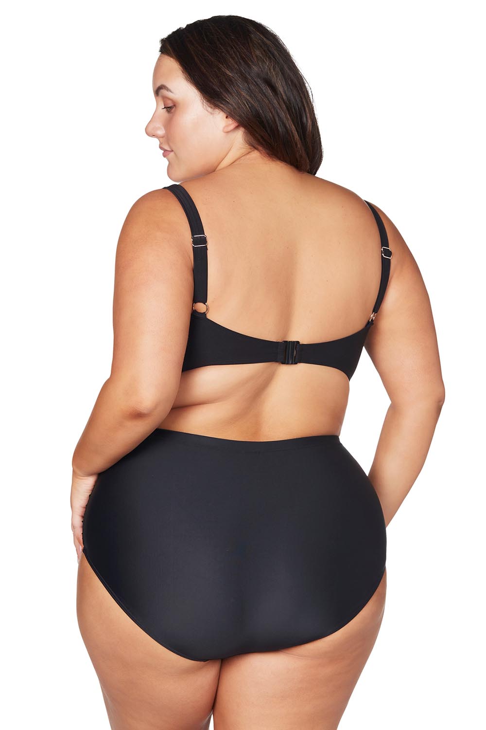A model wearing the Raphael High Waist Ruched Swim Pant in colour Black (Black), from the back