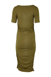 Product shot of the Jasper Ruched Dress in colour Darkolive (Green), from the back