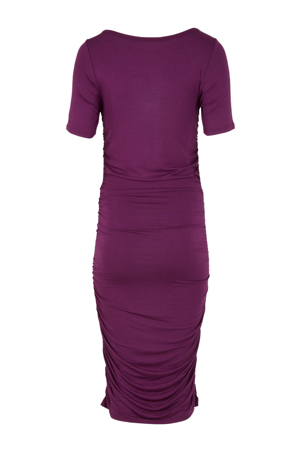 Product shot of the Jasper Ruched Dress in colour Plum (Purple), from the back