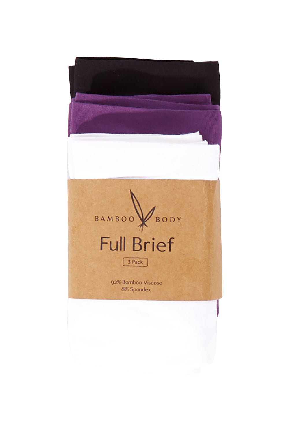 Product shot of the Bamboo Full Brief 3 Pack in colour BWP (Black), from the front