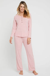 A model wearing the Relax PJ Long Bamboo Pants in colour Rose (Pink), from the front, showing the whole outfit
