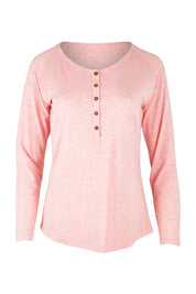 Product shot of the Henley Long Sleeve Bamboo Top in colour Rose (Pink), from the front