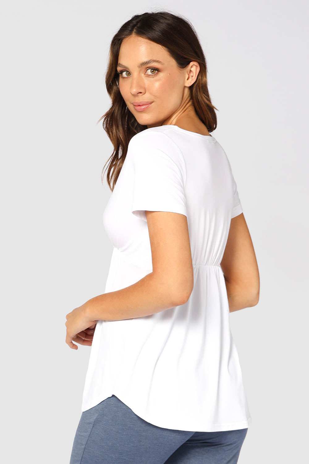 A model wearing the Short Sleeve Cross Front PJ Top in colour White (White), from the back