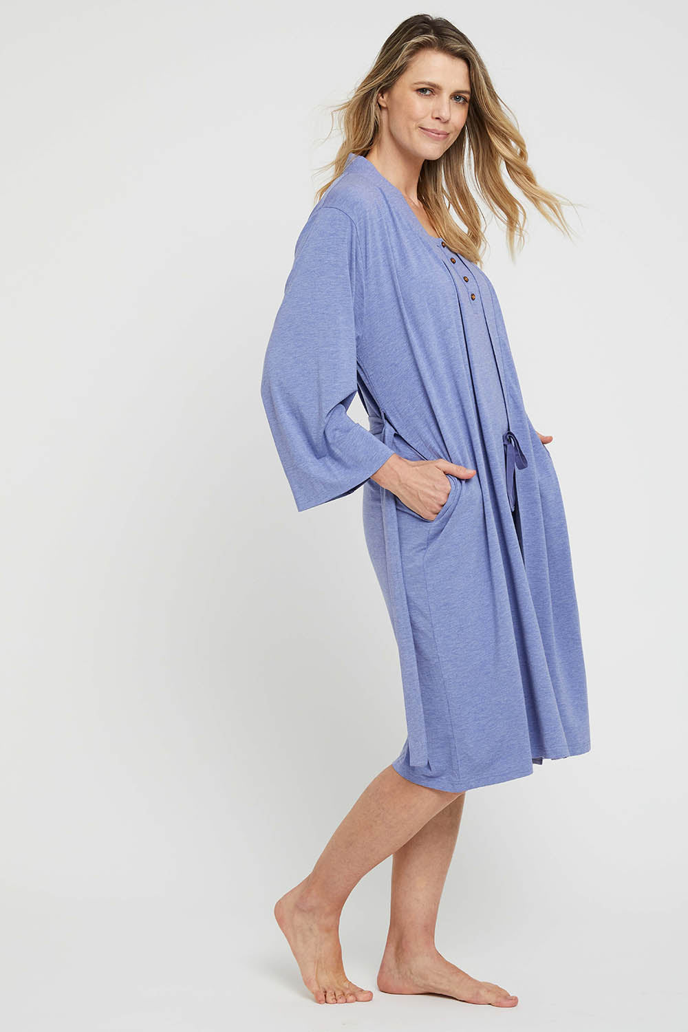 A model wearing the Bamboo Robe in colour Lavender (Blue), from the front, showing the whole outfit