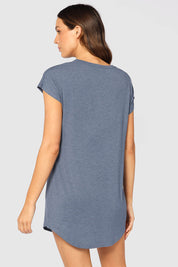 A model wearing the Bamboo Nightie in colour Twilight (Blue), from the back