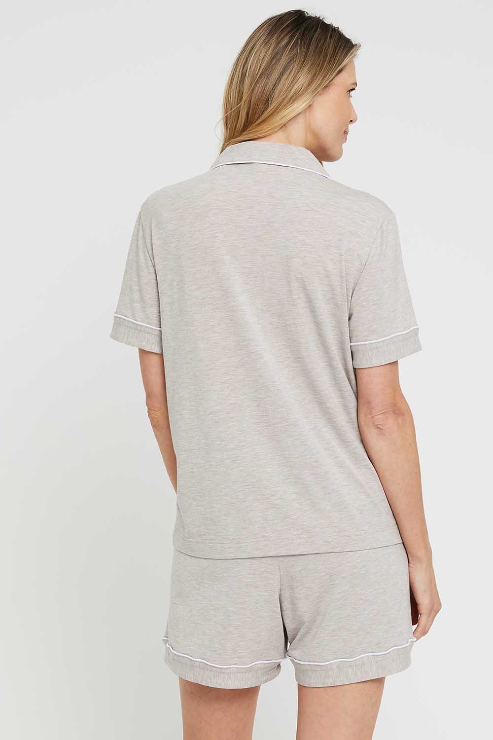 A model wearing the Bamboo PJ Set in colour Oatmeal, from the back