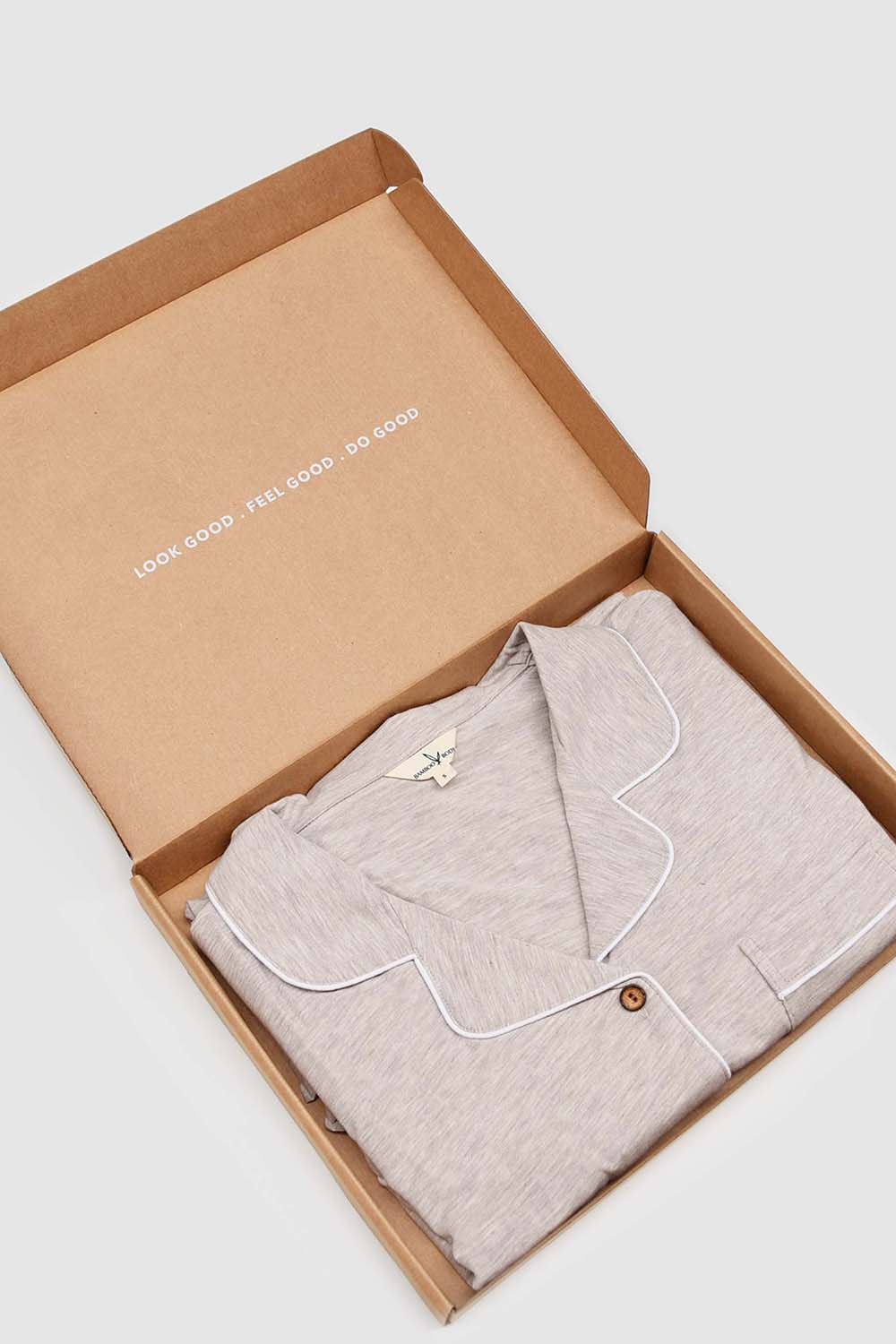 Product shot of the Bamboo PJ Set in colour Oatmeal, detail