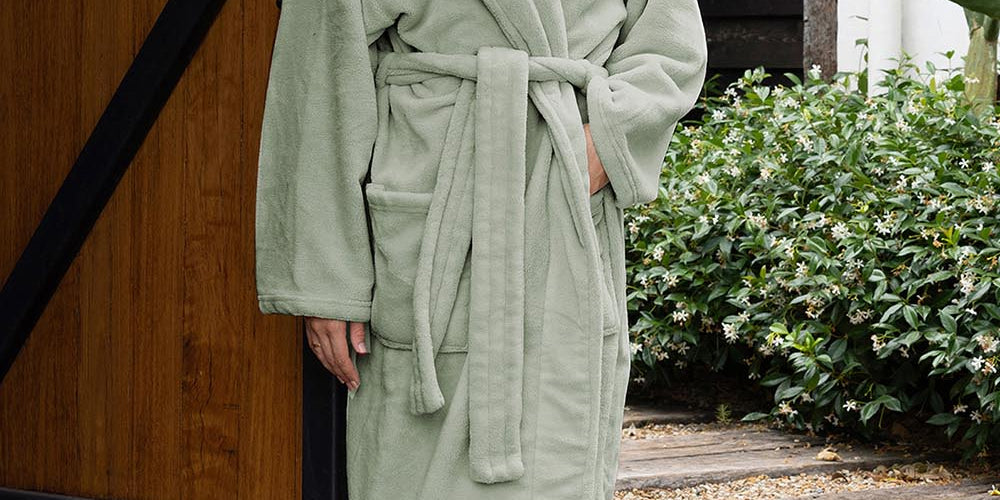 Model Genericm wearing size sample of the Microplush Bath Robe - Sage in colour Sage, from the front