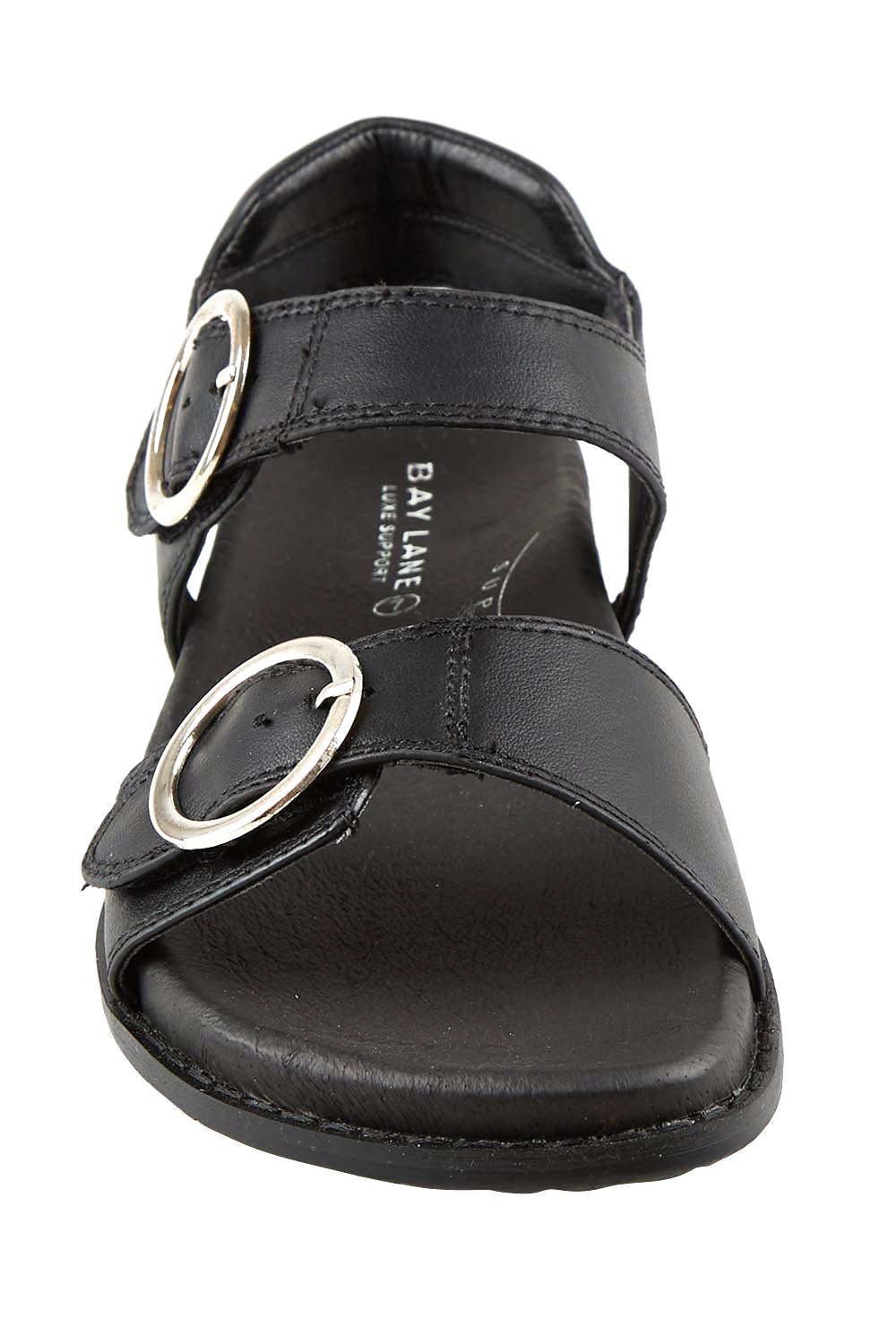 Product shot of the Molly Leather Velcro Slide - Black in colour Black, showing detail