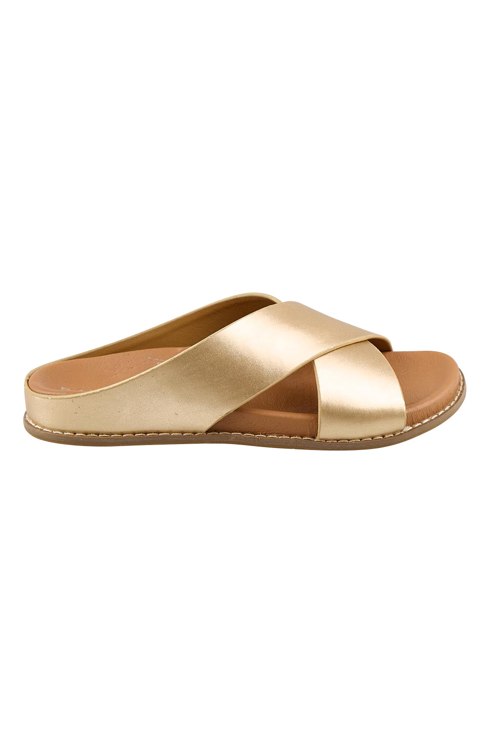 Product shot of the Mystic Leather Slide - Champagne in colour Champagne, from the front