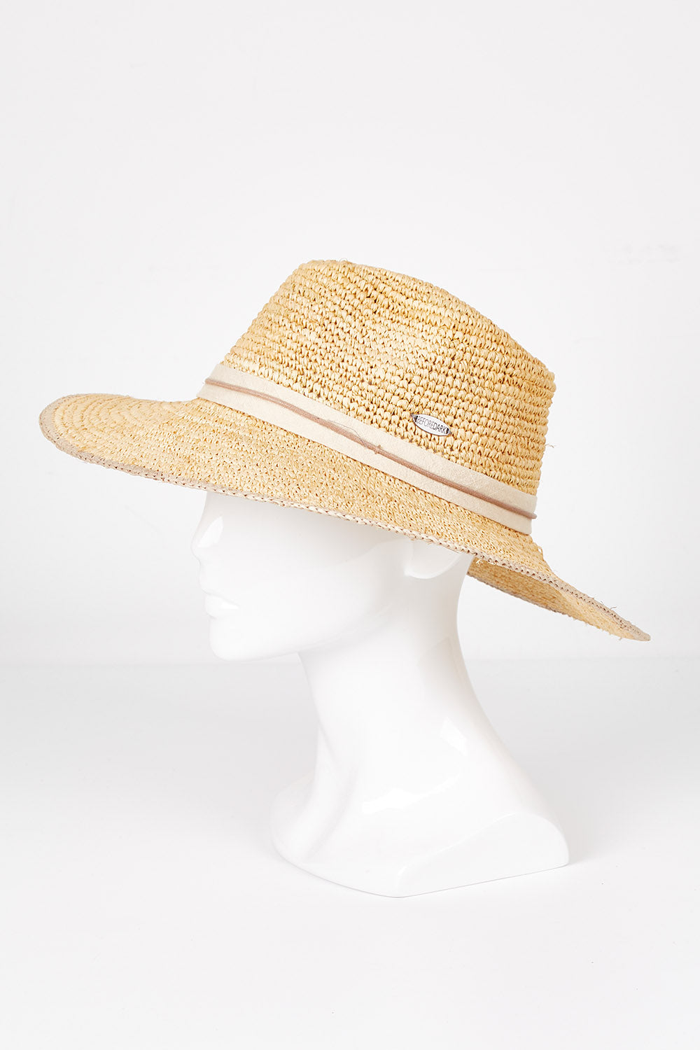 A model wearing size OneSize of the Asta Wide Brim Fedora in colour Natural, from the front, showing the whole outfit